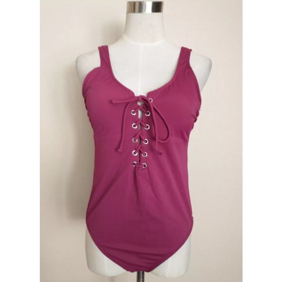 California Waves Womens One Piece Swimsuit Lace Up Front Burgundy Wine Red XS - Picture 1 of 4